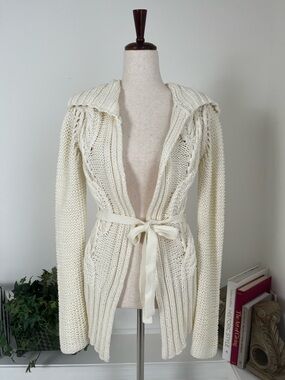Banana Republic Ivory Cable-Knit Chunky Belted Cardigan